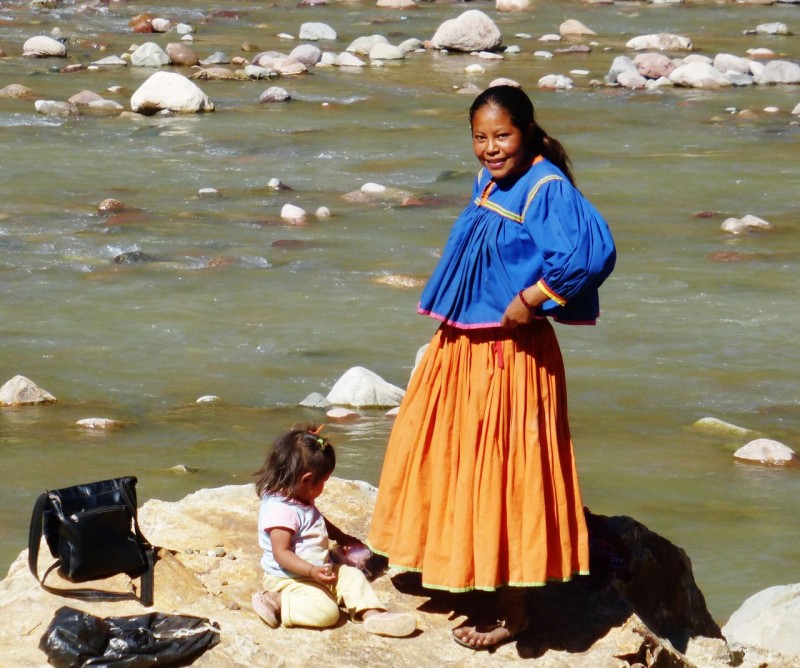 This colorful Tarahumara gal and her little one were hanging out along the river near where we entertained everyone with our shower.