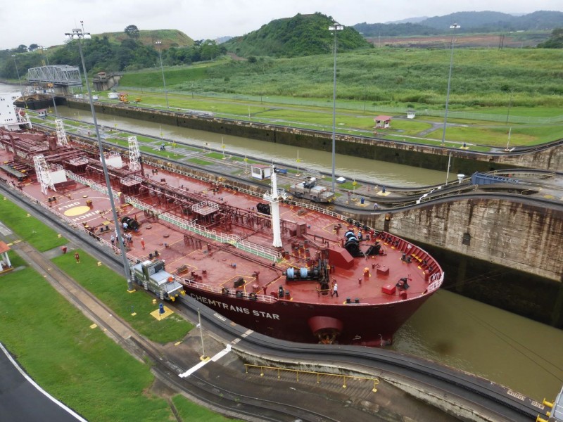 This was the next ship we watched arrive.  This one is using the nearside locks. Here you can see how modern ships just barely fit into the 1914 designed lock which is 110 feet wide.  There are just inches on each side of the boat.  If fact, much of modern cargo boat design is limited by the Panama Canal.