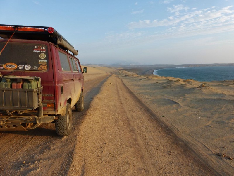 The pavement stops shortly after entering the Reserva Nacional de Paracas.  At first we followed this well traveled track along the coast, marveling at the endless views.