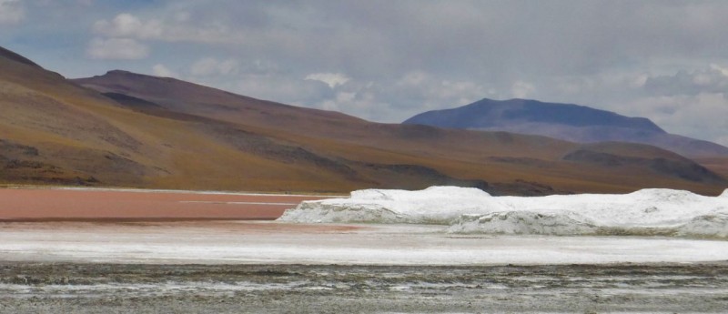 Laguna Colorada is named for its red color which changes hues throughout the day.  We had pretty cloudy skies so while the colors were lacking, the “icebergs” made up of borax, salt and ice (!) were fascinating.  Although it was mid-summer and mid 70s temps during the day, it still dropped below freezing every night. 