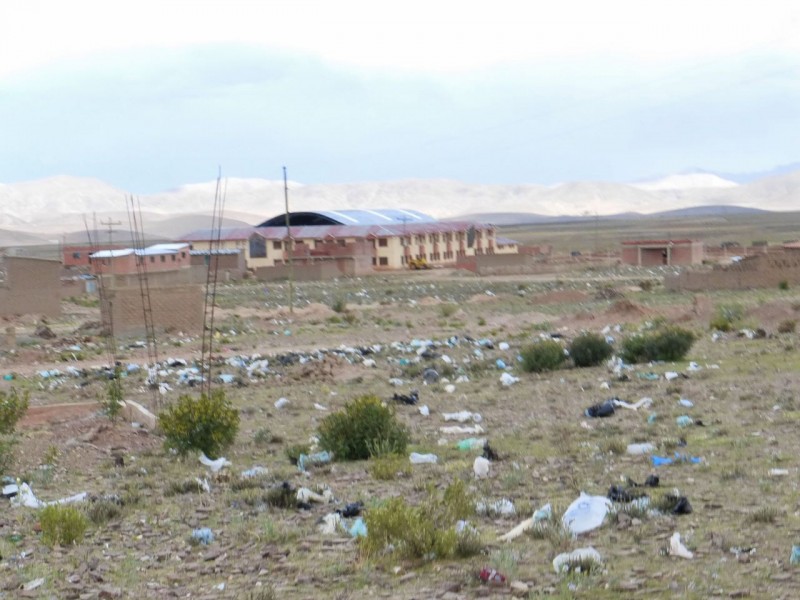 After a couple of hours of driving and seeing no towns we took a side road around the grimy mining town of Potosí, which took us to the even grimier village of Belén.  Approaching the town revealed the persistent problem of plastic trash in countries with no garbage collection programs.