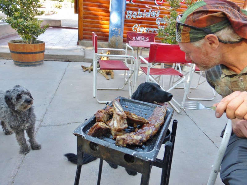 In the cute little town of Uspallata, at the bottom of the pass, we were treated to an Argentinean specialty, Chivito, which is roasted goat.  Apprehensive at first, we were hooked after the first bite.  The local dogs were hoping otherwise.  Absolutely delicious!