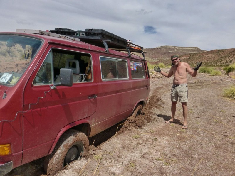 After carrying around a winch and a ground anchor for just over a year, 21,000 miles and lots of nasty dirt roads, we finally needed them!  Leaving our river bottom camp site I wasn’t paying attention (fiddling with the stereo) and missed applying the VW Syncro four-wheeling creed of “use momentum.” 