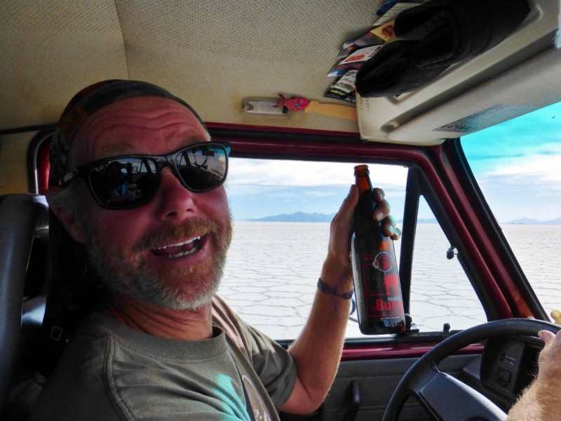 Then we got into the beer… La Burra, which we picked up in Argentina, has an 8% alcohol content and, combined with the excitement of reaching the salt flats and no lunch,… well the next few pics will explain. 
