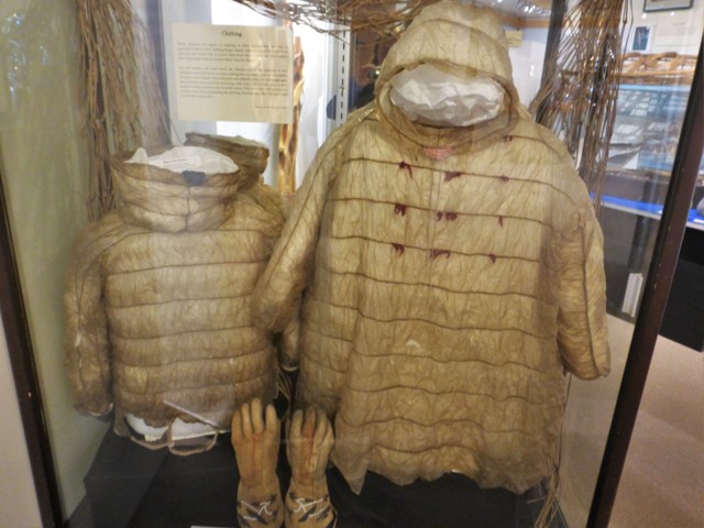 …but has one of the best museums we have visited.  From native artifacts to the oil spill, gold mining, earthquake and pipeline, this was a wonderful representation of all things Alaskan. Above are waterproof Alutilq parkas made of bear and sea mammal intestines. 